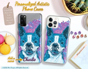 Illustrated Boston Terrier Phone Case | Colorful Terrier Drawing | Custom Dog iPhone Case | Dog Case For Samsung | Dog Lover Gift | ICPLP09