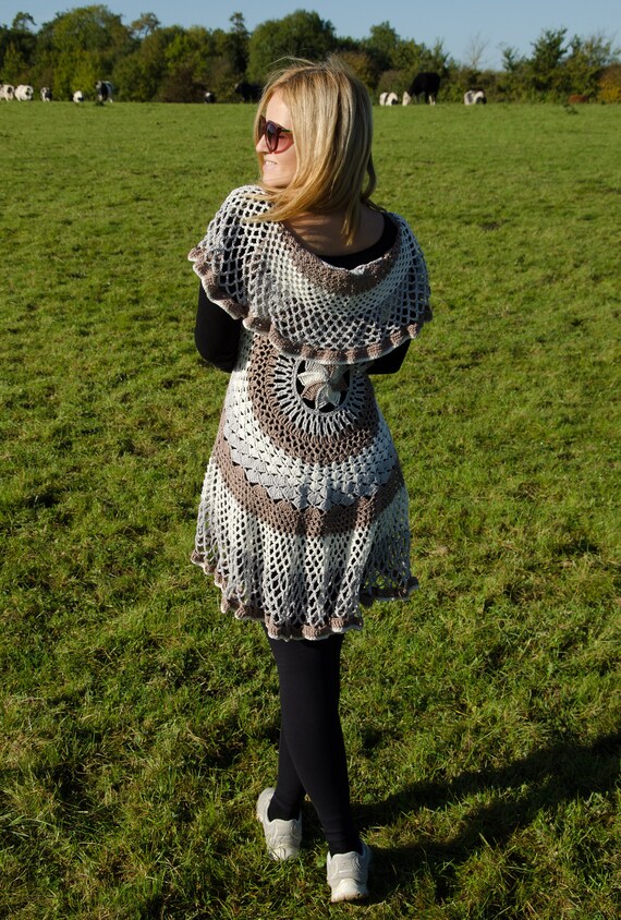 Hand Made Crochet Mandala Cardigan Vest Earth Tones Natural Color