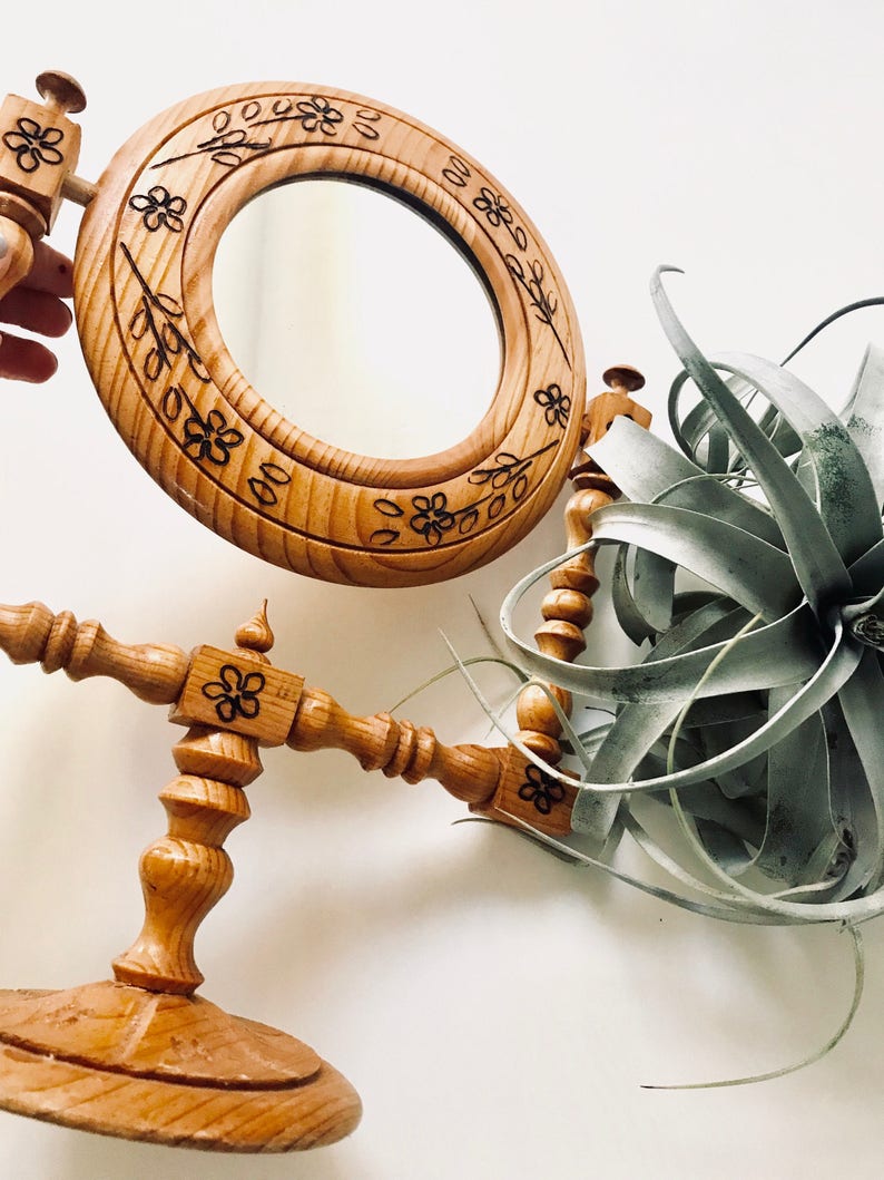 Vintage Tooled Wood Vanity Mirror Vanity Mirror Bedroom Decor Gifts For Her Boho Home Decor Bohemian Decor Girls Room Decor Makeup Mirror