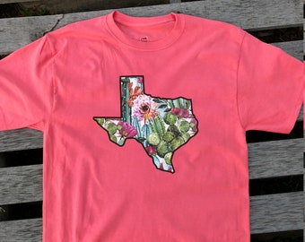 Womens State Shirt Cactus Shirt Texas Shirt White or Coral ANY STATE AVAILABLE