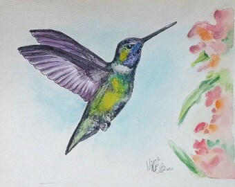 Pintura de acuarela con pluma y tinta de colibrí y abeja