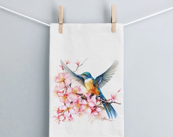 Hummingbird Cherry Blossom Kitchen Towel, Whimsical Wings Decorative Kitchen Hand Towel, Hummingbird Kitchen Tea Towel, Birds Home Decor