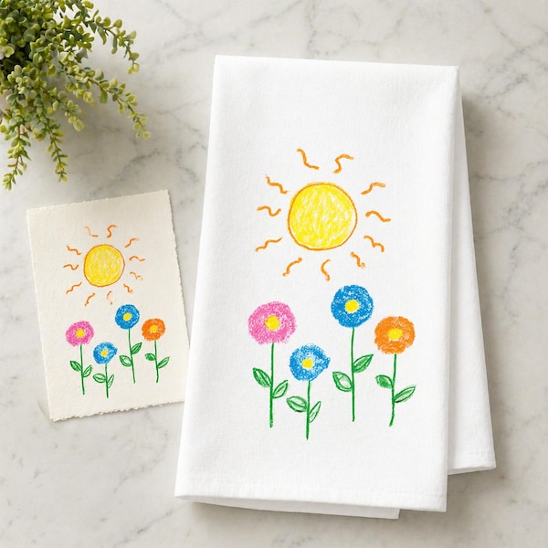 Personalized Child Drawing Tea Towel | Custom Kids Artwork Kitchen Gift