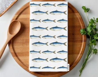 Sardine Tea Towel: Organic Cotton Coastal Kitchen Decor