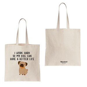 Front and back views of the pug canvas tote, with the dog design on the front and a small Bijouland mark near the bottom of the reverse.