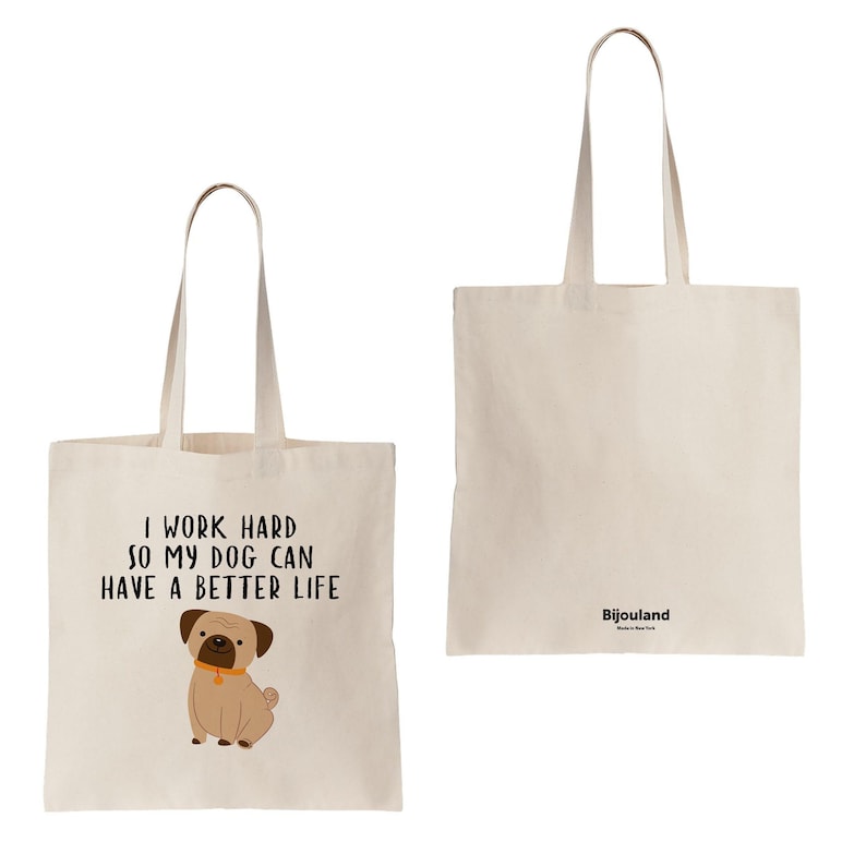 Front and back views of the pug canvas tote, with the dog design on the front and a small Bijouland mark near the bottom of the reverse.