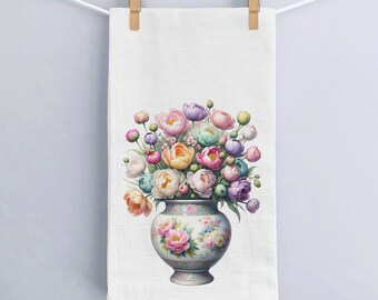 Bloom Enchantment Tapestry - Flour Sack Cotton Towel, Floral Hand Towel, Flowers in a Vase Kitchen Tea Towel, Serene Pastel Dish Towel