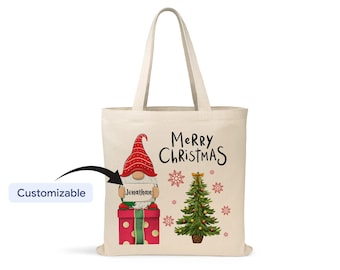 Christmas Gnome Tote Bag - Custom Name, Eco-Friendly Canvas