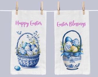 Chinoiserie Basket Tea Towel - Easter Kitchen Hand Towel, Blue and White Decor, Cotton Flour Sack Towel, Elegant Spring Kitchen Accessory