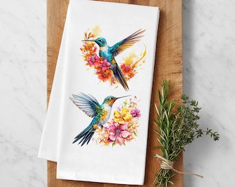 Hummingbird Kitchen Towel: Floral Tropical Bird Print, Organic Cotton