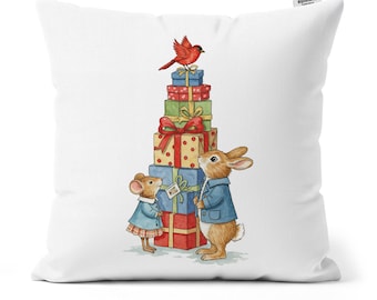 Woodland Christmas Pillow Covers - Holiday Pillowcase, Rabbits & Forest Animals, Winter Throw Pillow