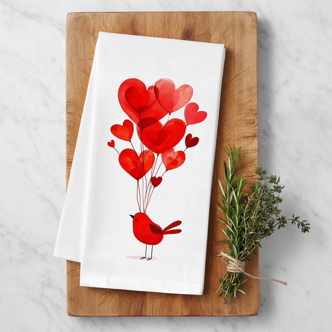 Red Bird and Heart Balloons - Valentines Day Cotton Kitchen Towel