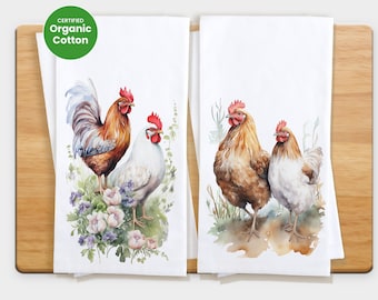 Chicken Tea Towel, Watercolor Rooster and Hen Farmhouse Decor