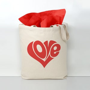 Love Cotton Canvas Tote Bag - Valentine&#39;s Day Gift - Reusable Eco-Friendly Durable Bag - Red Love Heart Design