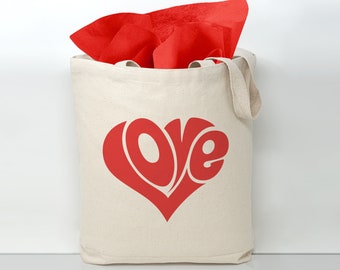 Love Cotton Canvas Tote Bag,Valentine's Day Gift Bag, Reusable Eco-Friendly Durable Canvas, Red Love Shaped Design, Love Sign Bag