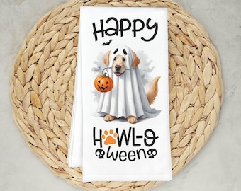 Ghost Dog Halloween Kitchen Towel: Organic Cotton Howl-O-Ween Decor