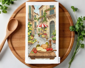 Italian Kitchen Towel: Organic Cotton Flour Sack, Rustic Street Market Scene
