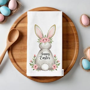 Floral Easter Bunny Tea Towel: Organic Cotton Farmhouse Decor