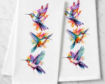 Bird Lover Tea Towel, Whimsical Hummingbird Cherry Blossom Decor