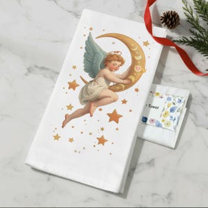Angelic Cherub Moon Kitchen Towel: Vintage Celestial Decor