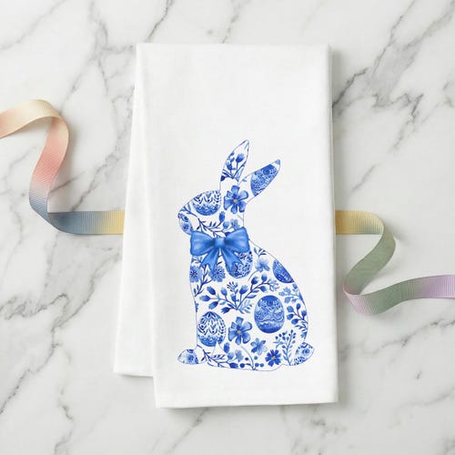 Chinoiserie Easter Bunny Tea Towel, Spring Kitchen Decor, Organic Cotton Flour Sack Towels