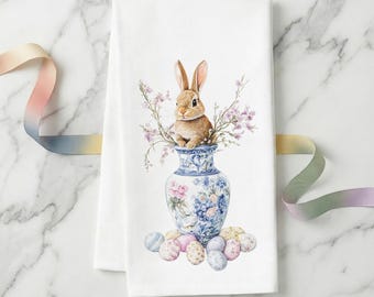 Easter Bunny Kitchen Towel: Chinoiserie Vase, Spring Blossoms - Organic Cotton
