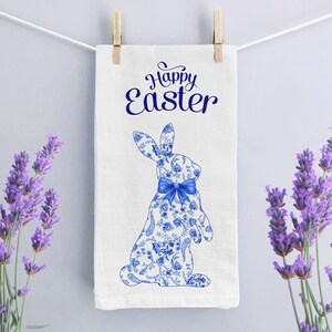 Chinoiserie Easter Bunny Kitchen Towel: Blue Floral Organic Cotton