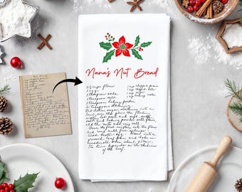 Handwritten Recipe Tea Towel with Poinsettia, Personalized Family Keepsake