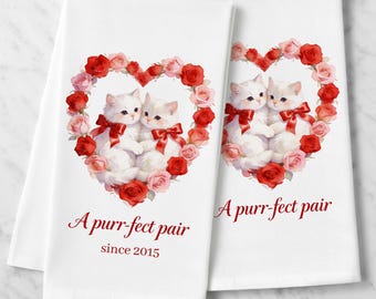 Purrfect Pair White Kitten Valentine's Day Tea Towel, Anniversary Present, Feline Kitchen Decor