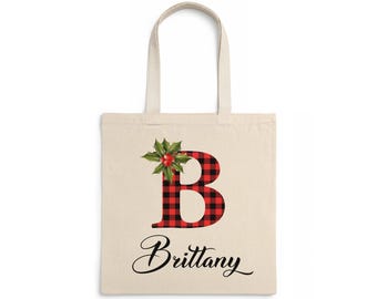 Personalized Christmas Tote Bag: Plaid Monogram Letter Bags