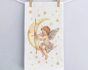 Cherub & Moon Kitchen Towel: Angelic Valentine's Day Decor