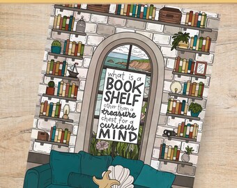 Hand Drawn Bookshelf Wall Art, Cozy Library Decor, Book Lover Quote (Digital Download)