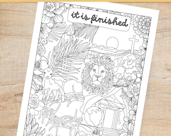 Easter Coloring Page Printable, It Is Finished Bible Verse Coloring Page, Christian Coloring Page PDF, Scripture Coloring