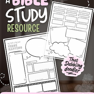 May include: A printable Bible study resource featuring two white sheets with black outlines for verse mapping. The pages include sections for key words, Greek, Hebrew, Aramaic, word meanings, biblical usage, application, and reflection.