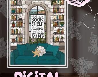 Puede incluir: Arte mural digital que muestra un sofá verde azulado con un cojín de estrella de mar y concha frente a una pared de ladrillo con estanterías. Una ventana arqueada central muestra una vista costera con el texto: what is a BOOK SHELF other than a treasure chest for a curious MIND.