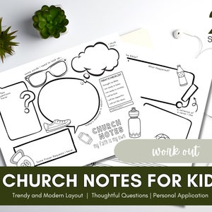 May include: Black and white printable church notes for kids. The printable features a checklist, space for questions, prayer requests, and a verse reference. The text reads "Church Notes, My Faith is My Own".