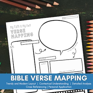 Op de afbeelding: Een printbaar werkblad voor het in kaart brengen van Bijbelverzen met de tekst "my faith is my own VERSE MAPPING" en een spreekballon met de tekst "in my own words". Het werkblad is ontworpen om gebruikers te helpen Bijbelverzen te begrijpen en toe te passen.