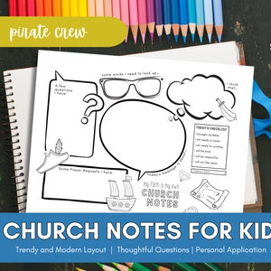 Puede incluir: Una página de notas de la iglesia imprimible para niños con un tema de piratas. La página presenta un barco, un mapa del tesoro, una lista de verificación y espacio para escribir. El texto "my faith is my own CHURCH NOTES" está en la parte inferior de la página.