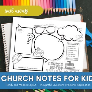 Op de afbeelding: Een zwart-witte printbare werkblaadje voor kinderen met een nautisch thema. De werkblaadje bevat een checklist, een sectie voor gebedsverzoeken en ruimte om vragen en gedachten op te schrijven. De tekst "Church Notes for Kids" staat onderaan de pagina.