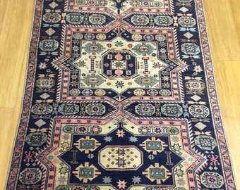 turkish vintage rug,4x7 ft rug,red gray blue rug,floor rug,designer rug,decorative rug,area rug,furniture rug,hand knotted rug,bohemian rug