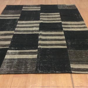 Black Kilim 210x175 cm, Vintage Goat Wool Rug, Black Kilim Rug, Patchwork Turkish Rug 82&#39;x68&#39;, Wool Area Rug