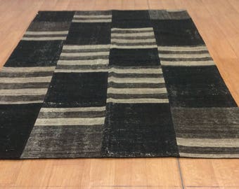 Black Kilim 210x175 cm, Vintage Goat Wool Rug, Black Kilim Rug, Patchwork Turkish Rug 82'x68', Wool Area Rug