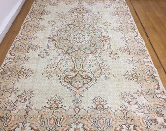 Turkish rug, beige rug, 6x9 ft rug, anatolian rug, oushak rug, boho rug, hand knotted rug, living room rug, wool rug, old rug, area rug,