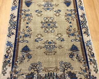 Hand Knotted Wool Turkish Rug, 4x7 ft, Beige Anatolian Boho Rug