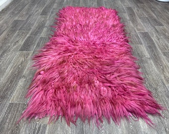 Shaggy Rug, Tulu rug, Barbie Rug, Pink Rug, 3x7 Ft,  Barbie Runner Rug, Angora Rug, Long Pile Rug, Handmade Rug, Flokati Rug, Goat Hair Rug