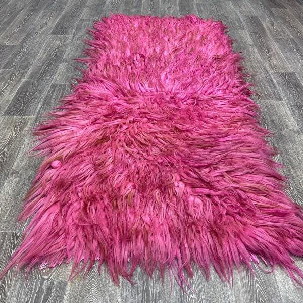 Shaggy Rug, Tulu rug, Barbie Rug, Pink Rug, 3x7 Ft,  Barbie Runner Rug, Angora Rug, Long Pile Rug, Handmade Rug, Flokati Rug, Goat Hair Rug