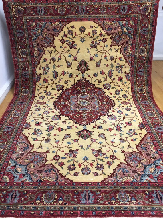 トルコ絨毯、7x10 フィート、ビンテージ絨毯、赤クリーム色の絨毯