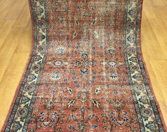 Alfombra turca de lana anudada a mano, 122 x 213 cm, alfombra floral vintage.