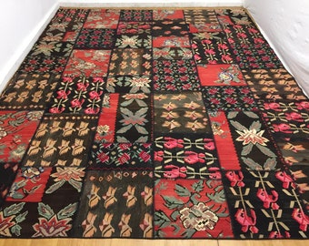 Turecki kilim patchwork, 10,6x13,6 stóp, kilim patchwork, czarny kilim patchworkowy dywan, duży dywan, rustykalny dywan, dywan boho, anatolijski kilim patchwork,
