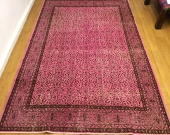 turkish vintage rug,7x10 ft pink rug , panter desing rug,vintage rug,wool rug ,area rug,overdye rug,hand knotted rug,bohemian rug